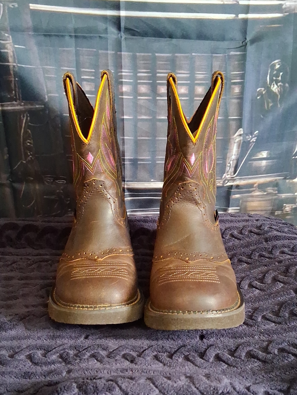 Brown Cowboy Boots with Yellow And Pink Accent